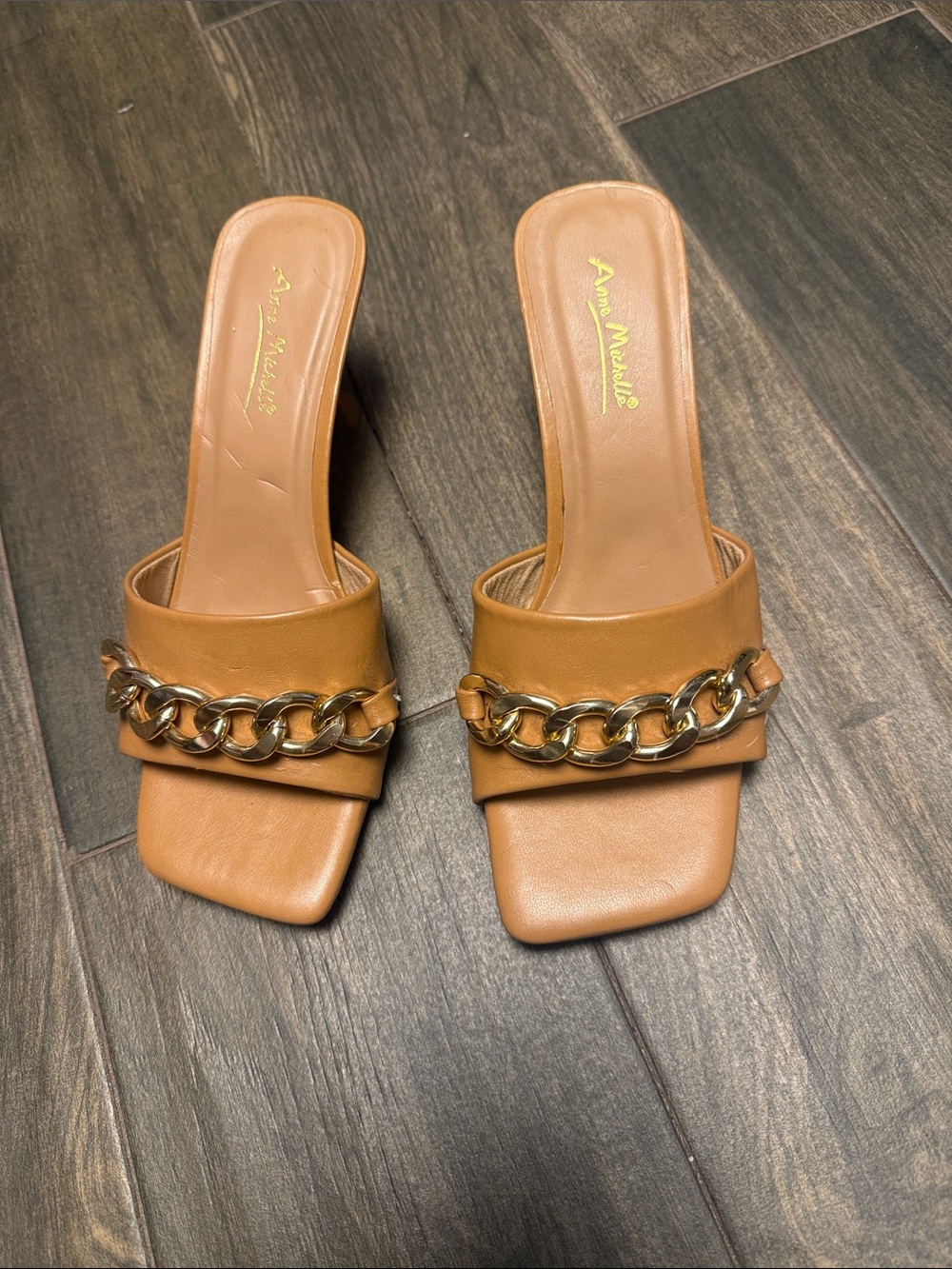 Anne Michelle Camel Brown Slide Sandals with Gold Chain Accent